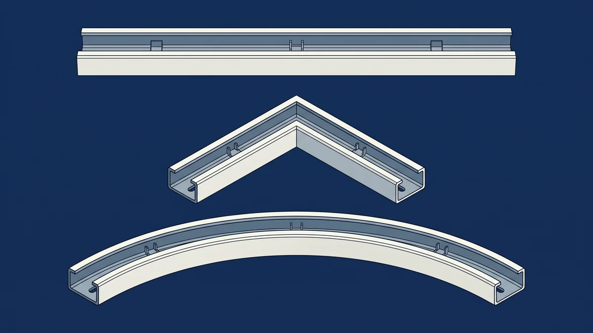 Três corrediças modulares em traçado reto, dobrado e curvo, as geometrias de fabricação da linha