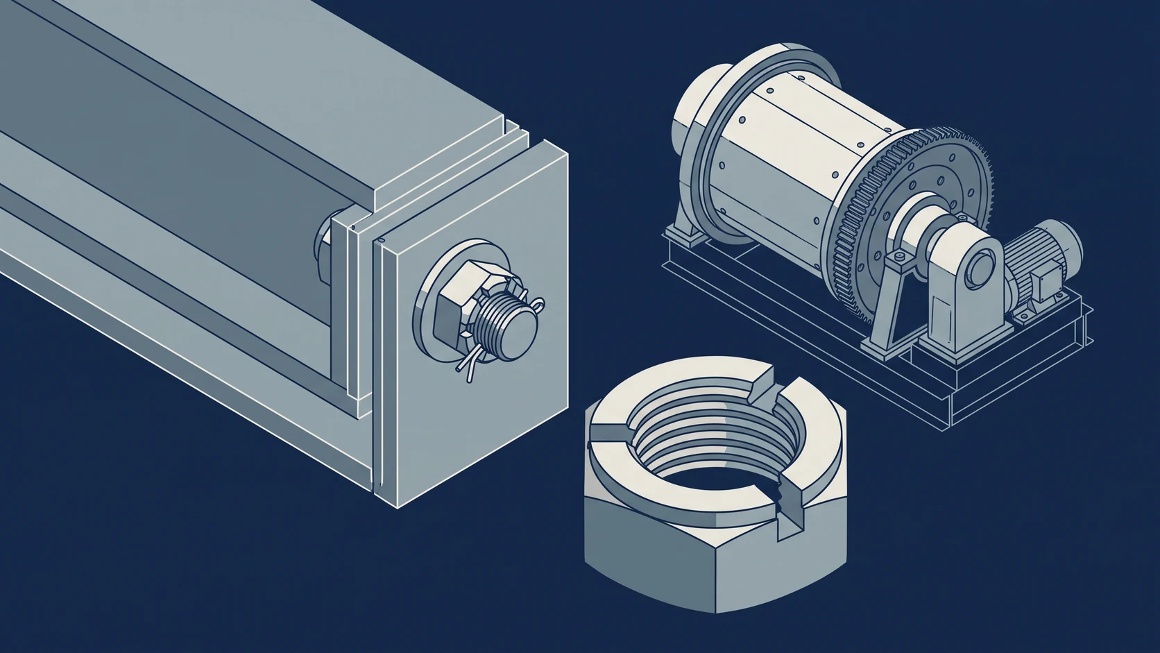 Ilustração técnica de fixação industrial: estrutura metálica, equipamento rotativo e porca autotravante