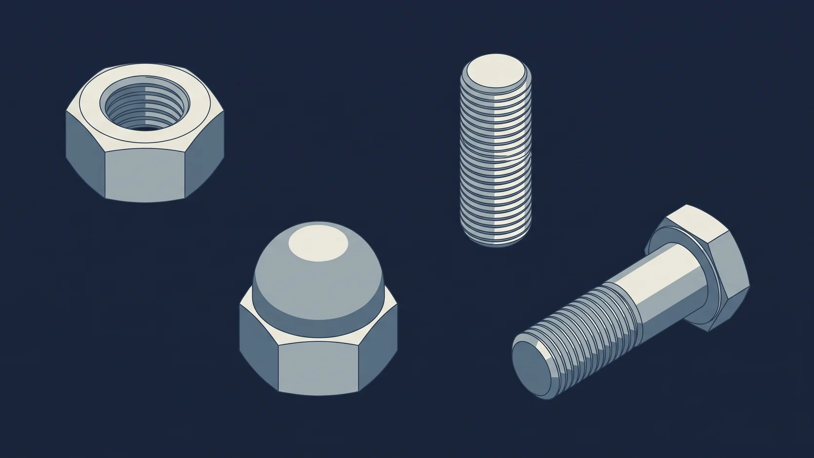 Conjunto variado de elementos de fixação em ilustração técnica isométrica, representando a linha de Produtos Especiais sob pedido da Lanfranco