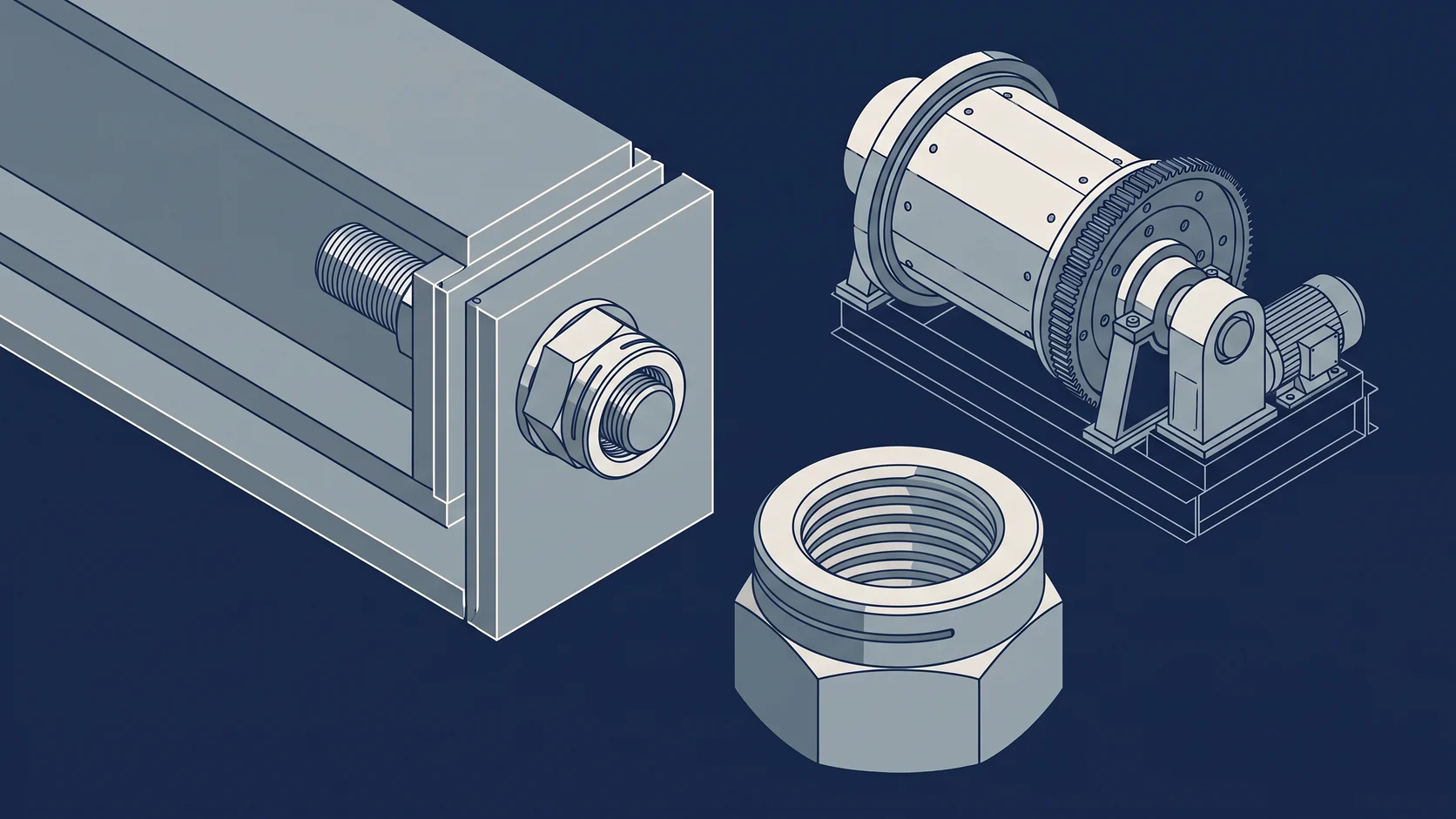 Ilustração técnica de fixação industrial: estrutura metálica, moinho de bolas e porca autotravante metálica com colar fendido
